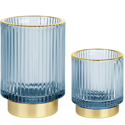 Makeup Brush holder Organizer, Crystal Glass Toothbrush Holders, Striped Make Up Brush Holder for Vanity, Pen Holder for Desk, Vase -Blue (S+L) - color: Blue