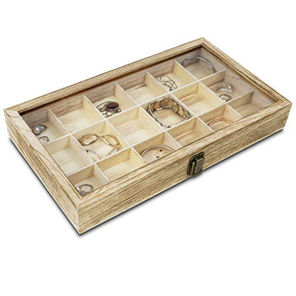 Mooca Wooden Display Storage Case with Tempered Glass Lid for Jewelry and Beads with 18 Compartments Tray, Oak Color, 15" W x 8 3/4" D x 2" H - color: Oak