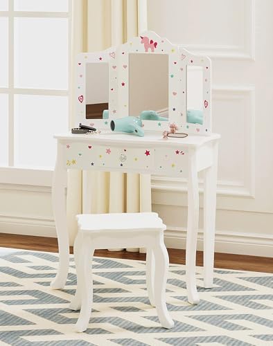 UTEX Kids Vanity Table and Chair Vanity Set with Mirror Makeup Dressing Table with Drawer, Play Vanity Set,White - style: White-Unicorn