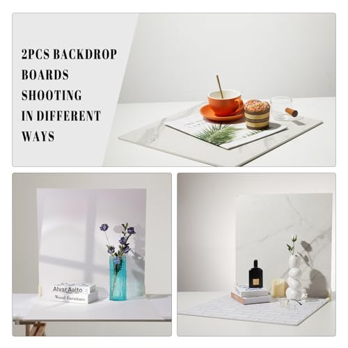 2 PCS Boards Photo Backdrop for Flat Lay, Food Photography Background 24x24 Inch, White Marble Subway Tile Tabletop Backdrop Board BEIYANG - color: Marble+Subway Tile