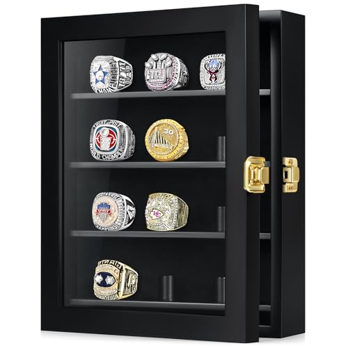 TJ.MOREE Championship Ring Display Case, 12 Ring Posts Baseball Ring Display Case, 8 x 10 Wall Mount Wooden Glass Shadow Box - Black - color: 12 Posts-black-rectangle