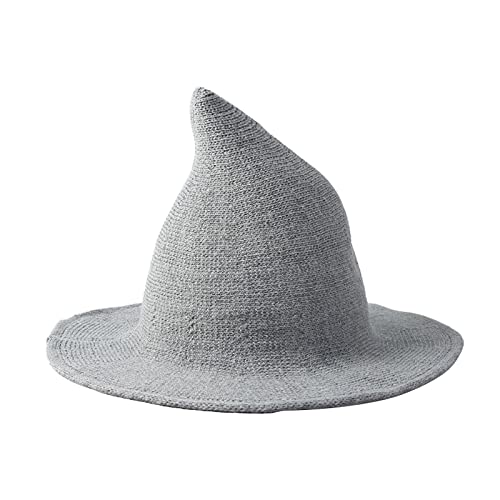 Halloween Witch Hat for Women Wide Brim Foldable Wizard Hat Wool Knit Pointed Cap Cosplay Costume Accessory - color: Light Grey