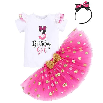 IBTOM CASTLE Cake Smash Half 1st 2nd 3rd Birthday Girl Princess Polka Dots Ruffle Skirt Set ONE Party Costume Headband - color: Hot Pink-3rd, size: 3T