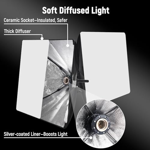 40x40cm Professional Softbox Lighting Kit - 95W LED Bulb (3000-7500K, E27) - Studio Light for Photography, Video Recording, Live Streaming, Portrait Shooting - size: 16"x16" 2pk