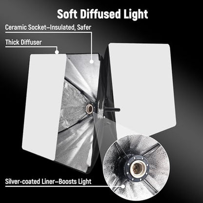 40x40cm Professional Softbox Lighting Kit - 95W LED Bulb (3000-7500K, E27) - Studio Light for Photography, Video Recording, Live Streaming, Portrait Shooting - size: 16"x16" 2pk