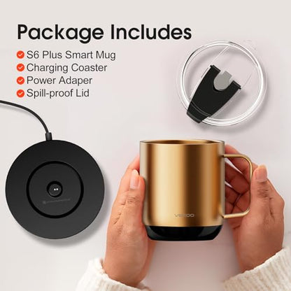 Vsitoo S6 Plus Smart Coffee Mug, 12oz,Temperature Controlled Mug & Electric Coffee Mug with Music Sync Lights，Auto-Sensing AI Heats Drinks to 120-150°F Hands-Free. Ideal for Home/Office/Gifts - Gold - color: Gold