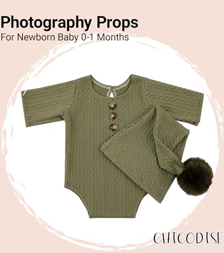 Newborn Photography Props, Infant Photoshoot Outfit Romper & Pom Pom Hat for Baby Boys Girls - color: Matcha Green