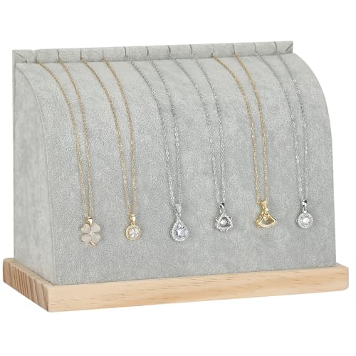 KUKUVR Velvet Cambered Necklace Display Stand for Women, Wood Base Jewelry Holder Rack for Necklace Pendant Bracelet Chains, Necklaces Storage Organizer Showcase for Selling Vendors exhibition (Grey) - color: Grey