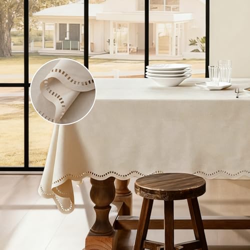 Outdoor Tablecloth Rectangle Linen Textured Waterproof & Stain Resistant Large Table Cloth Boho Decorative Scalloped Cutouts Farmhouse Table Cover for Dining, Party, Camping, 55 x 120 Inch, Beige - color: Beige, size: 120" x 55" (Rectangular)