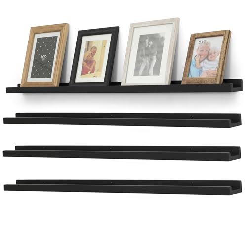 Picture Shelves for Wall,Long Floating Ledge Set of 4,Narrow Large Wood Rustic Photo Frames Vinyl Record Storage Display Nursery Kids Bookshelf Decor for Living Room Bedroom Kitchen,47'',Black - color: Black, size: 47 Inch