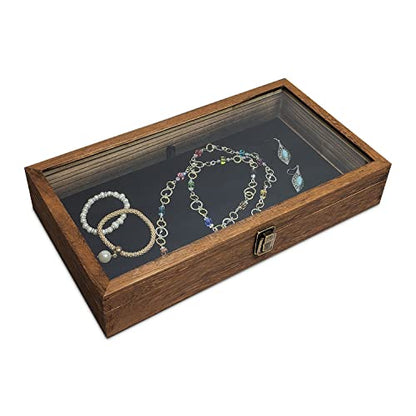MOOCA Glass Top Wooden Jewelry Display Case with Removable Black Luxurious Velvet Jewelry Display Pad, Deeper 2.75-Inch Design for Taller Collectibles, Brown Color - color: 9A) Brown, 2.75 Inch High