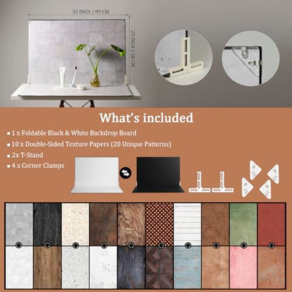 Photo Backdrop Boards, 10Pcs 20 Patterns Double-Sided Product Photography Backdrops, 23x35 XL Flat Lay Background for Food, Jewelry, Cosmetics & Content Creation, Tabletop Shooting Kit, MDAOCRY