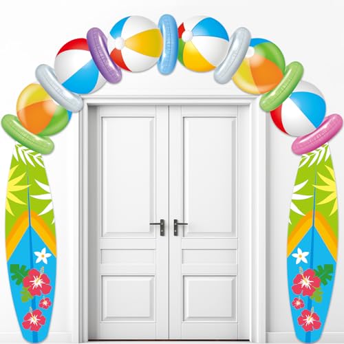 Beach Ball Surfboard Porch Banner Summer Birthday Decorations Pool Party Banner Backdrop, Beach Themed Door Hanging Porch Sign Decor for Hawaii Tropical Party Supplies Luau Photo Booth Props Outdoor - style: Beach Ball Surfboard