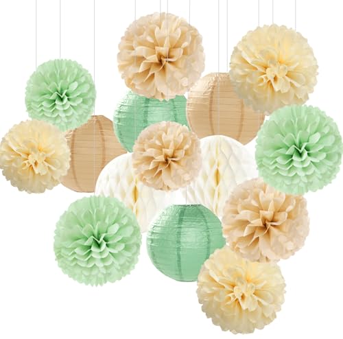 Sage Green-Boho Party-Decorations Paper-Flowers Lanterns - 15PCS Safari Rustic Neutral Baby Shower Tissue Pom Poms Streamers, Champagne Gold Birthday Wedding Graduation Hanging Supplies Decor Hugfond - color: Beige Champagne Light Green