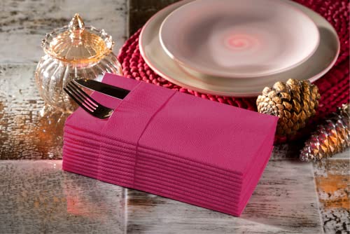 Moyes Home Fuchsia Disposable Dinner Napkins with Pocket - Linen-Feel Pre-Folded Cloth-Like Paper Napkins for Silverware, Weddings, Dinner Parties, 16x16 in, Pack of 50 - color: Fuchsia
