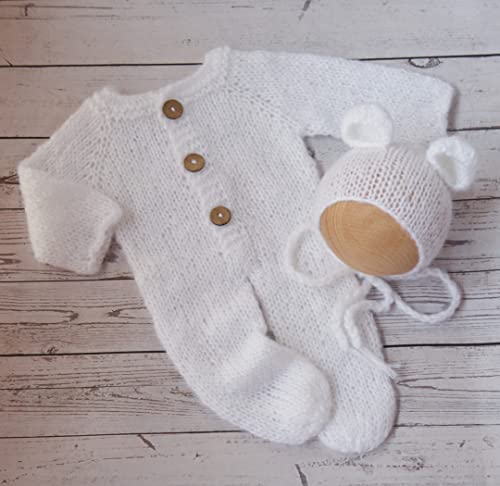 Newborn Photography Props Boys Girls Outfits Mohair Bear Hat Bonnet & Footed Romper Bodysuit Photoshoot Costume Set - color: White