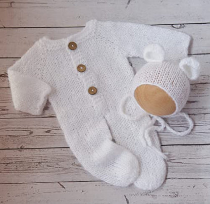 Newborn Photography Props Boys Girls Outfits Mohair Bear Hat Bonnet & Footed Romper Bodysuit Photoshoot Costume Set - color: White