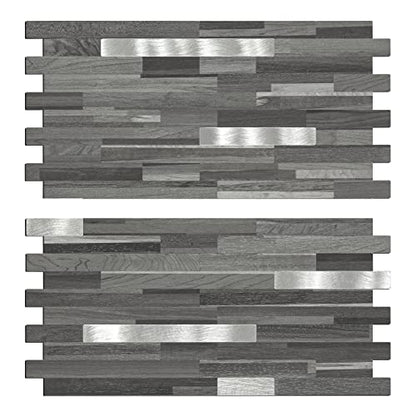 Midcard 20 Sheets Peel and Stick Backsplash, Black Grey Wood Look PVC Mixed Metal Stick on Backsplash Tiles for Kitchen - color: Black Grey Wood with Metal Silver, size: 20