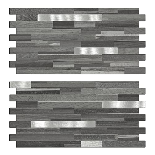 Midcard 20 Sheets Peel and Stick Backsplash, Black Grey Wood Look PVC Mixed Metal Stick on Backsplash Tiles for Kitchen - color: Black Grey Wood with Metal Silver, size: 20