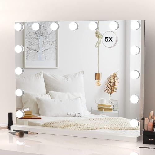 HIEEY Vanity Mirror with Lights, Hollywood Lighted Mirror with 15 Dimmable LED Bulbs, Makeup Mirror with Lights, and 5X Magnification Mirror, 3 Colors Modes,Touch Control, Metal Frame,White - style: 18.1" x 22.8" (15 Bulbs)