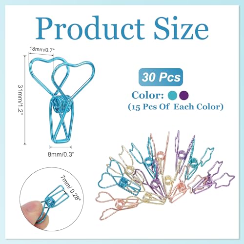 PATIKIL 30Pcs Paper Office Binder Clip, 1.2" Small Metal Wire Hollow Out Paper Clamps Heart Design Long Tail Binder Clips for Photo Clothes Hanging Office Home Food Package, Purple/Blue - color: Purple/Blue