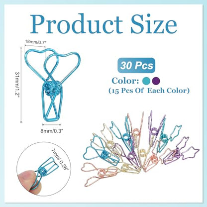 PATIKIL 30Pcs Paper Office Binder Clip, 1.2" Small Metal Wire Hollow Out Paper Clamps Heart Design Long Tail Binder Clips for Photo Clothes Hanging Office Home Food Package, Purple/Blue - color: Purple/Blue