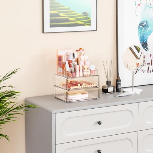 Yieach Clear Acrylic Makeup Organizers Countertop for Dresser,Desk,Bathroom Vanity,3 Tier Stackable Make up Holders and Makeup Cabinet,Tiered Cosmetic Storage and Make up Containers for Palette,Brush - size: 2 Drawers