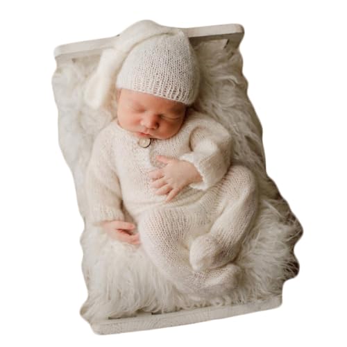 Newborn Photography Prop Baby Boys Girls Photoshoot Outfits Newborn Photo Knitted Romper Sleepy Hat Picture Outfit - color: White
