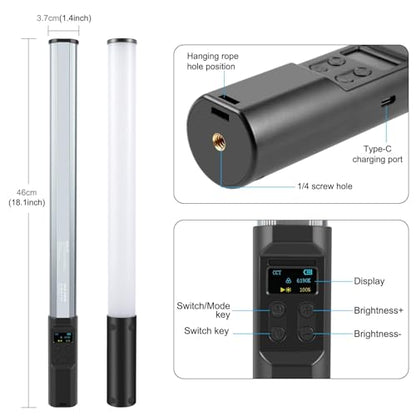 PULUZ RGB LED Video Light Stick, Photography Lighting Wand with 132 LEDs Lights, Dimmable 2500K~9000K CRI95+ Full Color LED Light with 2600mAh Battery, 20 Light Scenes - size: 18.1 inches