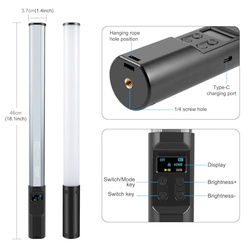 PULUZ RGB LED Video Light Stick, Photography Lighting Wand with 132 LEDs Lights, Dimmable 2500K~9000K CRI95+ Full Color LED Light with 2600mAh Battery, 20 Light Scenes - size: 18.1 inches