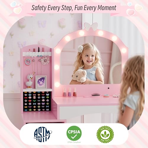 Girls Vanity Table and Chair Set, Kids Vanity with Jewelry Organizer for Princess, Toddler Makeup Vanity Desk with Open Shelf, Closed Cabinet and Butterfly Pattern, Pink - color: Pink