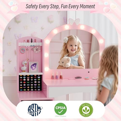 Girls Vanity Table and Chair Set, Kids Vanity with Jewelry Organizer for Princess, Toddler Makeup Vanity Desk with Open Shelf, Closed Cabinet and Butterfly Pattern, Pink - color: Pink