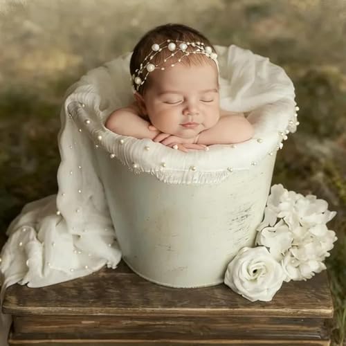 Baby Photo Shoot Props for Newborn Infant|Newborn Photography Wrap Pearl Raw Edge Swaddling Blanket & Headband Set (White) - color: White