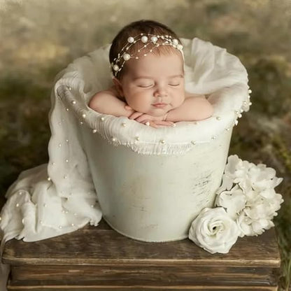 Baby Photo Shoot Props for Newborn Infant|Newborn Photography Wrap Pearl Raw Edge Swaddling Blanket & Headband Set (White) - color: White