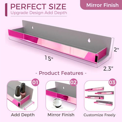 4 Pack 15 Inch Pink Reflective Acrylic Shelves, Pink Floating Shelves, Modern Sunglasses Essential Oil Picture Ledge Display Toy Storage Shelf - color: 15in-pink Mirror