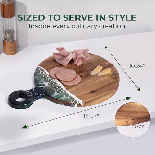 Acacia Wood Serving Board with Ocean Resin Art, 14.6" x 10.2" Charcuterie Cheese Tray for Display & Prep, Cutting Board on Back, Includes Stand & Loofah, Christmas Housewarming Gift (Round) - color: Round Cutting Board, size: 14.6" x 10.2" x 0.7"