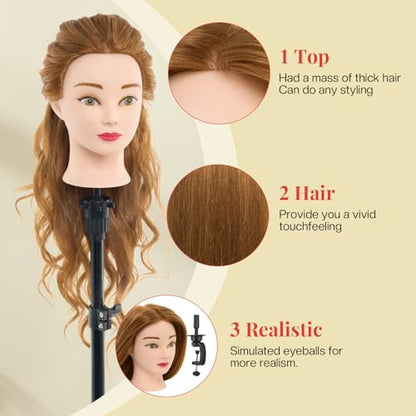 Mannequin Head with 80% Real Human Hair with Tripod Stand - 28" Cosmetology Manikin Doll Head for Hair Styling, Hairdressing Training Head for Braiding Practice Suitable for Hair Extensions - color: Blonde#27&Tripod Set