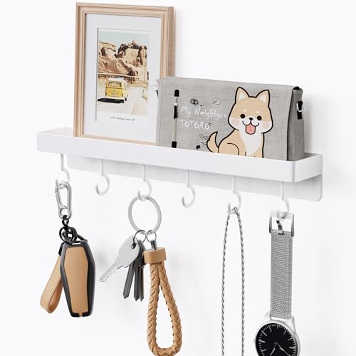 niffgaff White Key Holder Wall Mount, Stainless Steel Self Adhesive Hooks Rack with Shelf, No Drill Key Hanger for Door and Wall - color: White