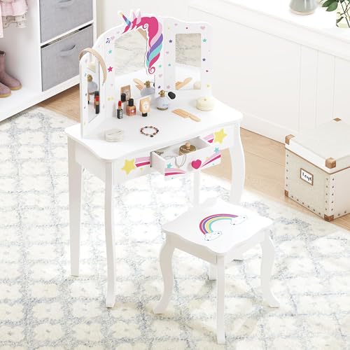 Spirich Kids Vanity, Girls Vanity Set with Mirror and Stool and Lights, Kids Vanity Table and Chair Set, Wooden Princess Makeup Desk Dressing Table - size: Unicorn and Rainbow