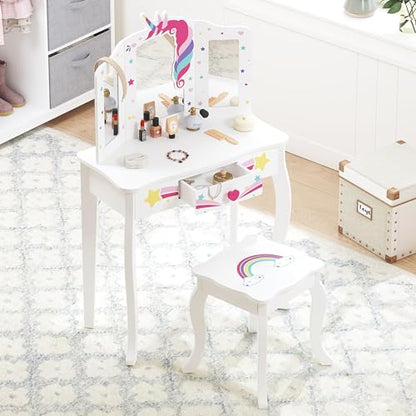 Spirich Kids Vanity, Girls Vanity Set with Mirror and Stool and Lights, Kids Vanity Table and Chair Set, Wooden Princess Makeup Desk Dressing Table - size: Unicorn and Rainbow