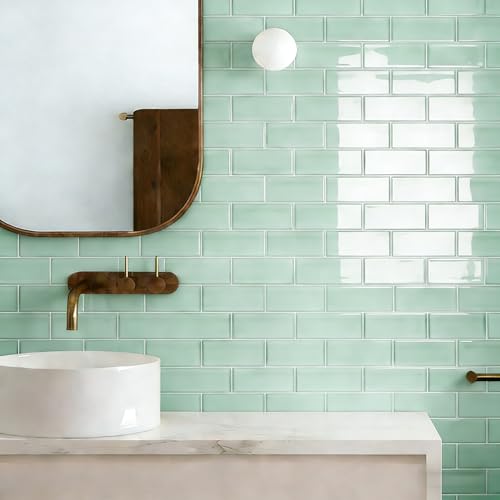 Art3d 10-Pack Heavy-Duty Peel and Stick Backsplash, 12 x 12 Inch Vinyl Seaglass Subway Design Stick on Wall Tile for Kitchen Living Room Home Decor, Aqua Green - color: Aqua Green