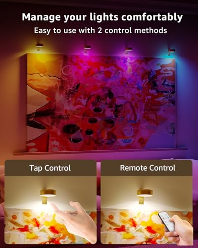 RGB USB Rechargeable Picture Lights, Gold 2600mAh Battery Operated Art Lights for Paintings Wireless Light Over Picture Frame Cordless LED Gallery Wall Light Remote Spotlight for Poster Photo Artwork - size: 4 pack