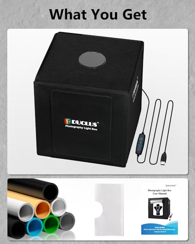 DUCLUS Light Box Photography, 16x16 Inch Photo Light Box with 160 Dimmable LED Lights (CRI 97+), 6 PVC & 2 Paper Backdrops, Portable Studio Box for Product Photography: Jewelry, Food, Shoes - size: 16*16 inch