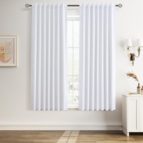 Guken Beige White 100% Blackout Linen Curtains 63 Inches Long for Bedroom Country Farmhouse Back Tab Hook Belt Black Out Room Darkening Insulated Thermal Noise Reduction Window Drapes Nuersery 52x63 - color: Beige White, size: 52"W x 63"L (Pack of 2)