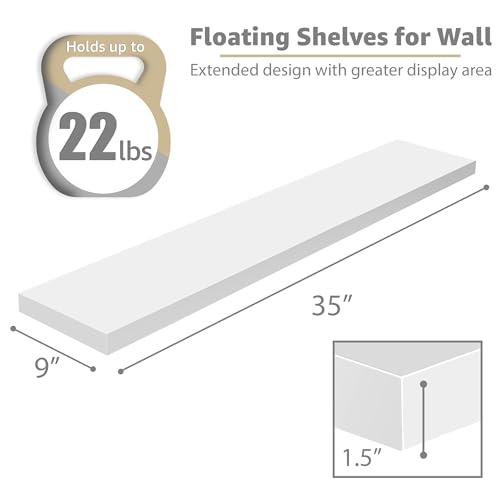 Sorbus Floating Shelves for Wall - 35 Inch Long Bathroom Shelves, Wall Decor for Bedroom, Kitchen, Living Room & Book Storage - Mounted Floating Shelf with Invisible Brackets (White, 2 Pack) | Long Wall Shelves, for Bedroom, Kitchen, Living Room, Bathroom