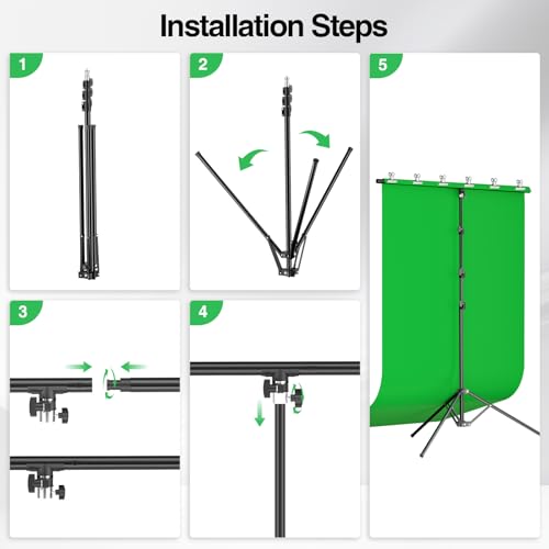 5x10ft Green Screen Backdrop Kit with Stand, Portable Greenscreen Background Includes Foldable T-Stand, 6 Clips and Carry Bag for Streaming, Gaming, Meeting, Video Production, Photography - size: 5x10ft