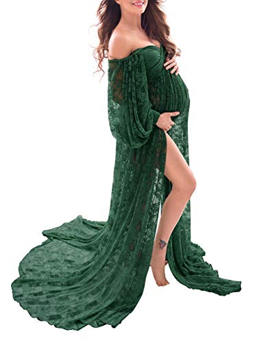 Saslax Soft Stretchy Lace Off Shoulder Doubly Split A-line Skirt Maternity Dress Pregnancy Maxi Gown for Photoshoot - color: Green, size: Small