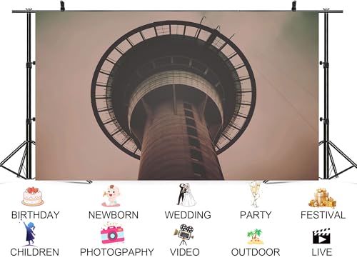 7x7ft Sky Tower Close-up Backdrop Circular Observation Deck and Concrete Structure in Sepia Tone Photo Background Tapestry for Urban Modern Event Party Home Wall Decorations Props - size: 7X7ft