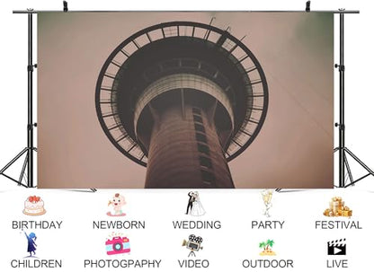5x3ft Sky Tower Close-up Backdrop Circular Observation Deck and Concrete Structure in Sepia Tone Photo Background Tapestry for Urban Modern Event Party Home Wall Decorations Props - size: 5X3ft