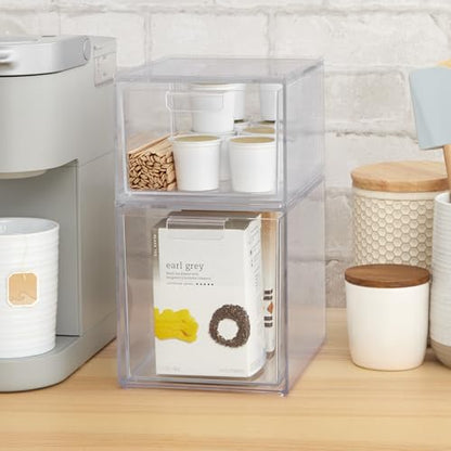 STORi Audrey Stackable Clear Bin Plastic Organizer Drawers | 2 Piece Set | Organize Cosmetics and Beauty Supplies on a Vanity | Made in USA - size: 4.5" and 6.75" Tall Set